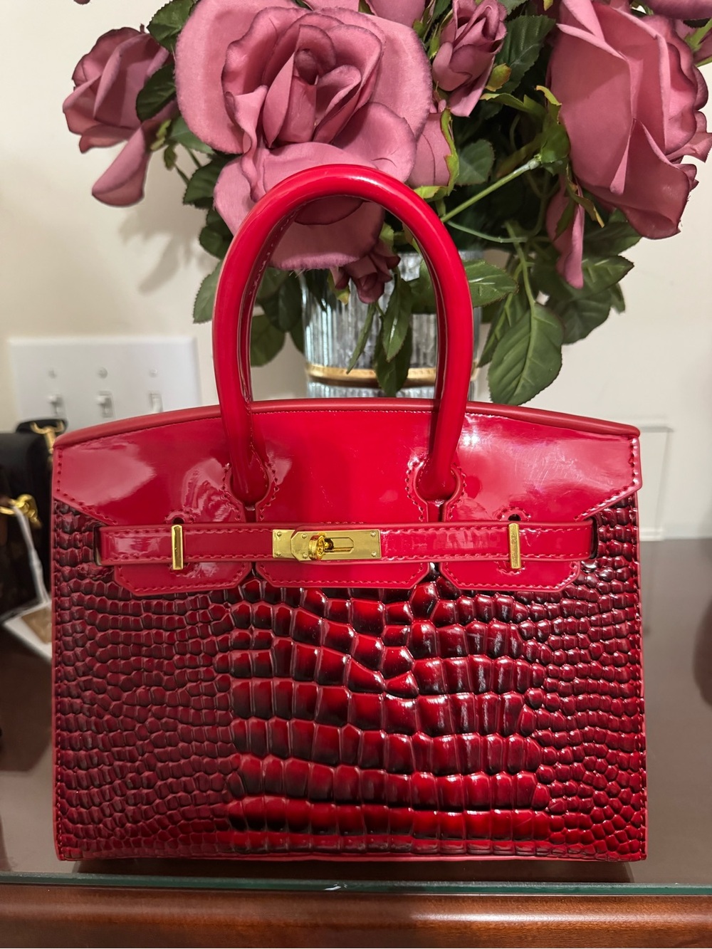 Red Croc-Embossed Patent Leather Top-Handle Bag